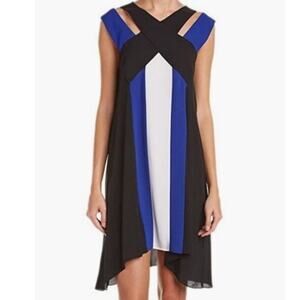 BCBGMaxAzria Chantel Dress XS Crossover Neck Cutout Flowy Mini Shift Colorblock